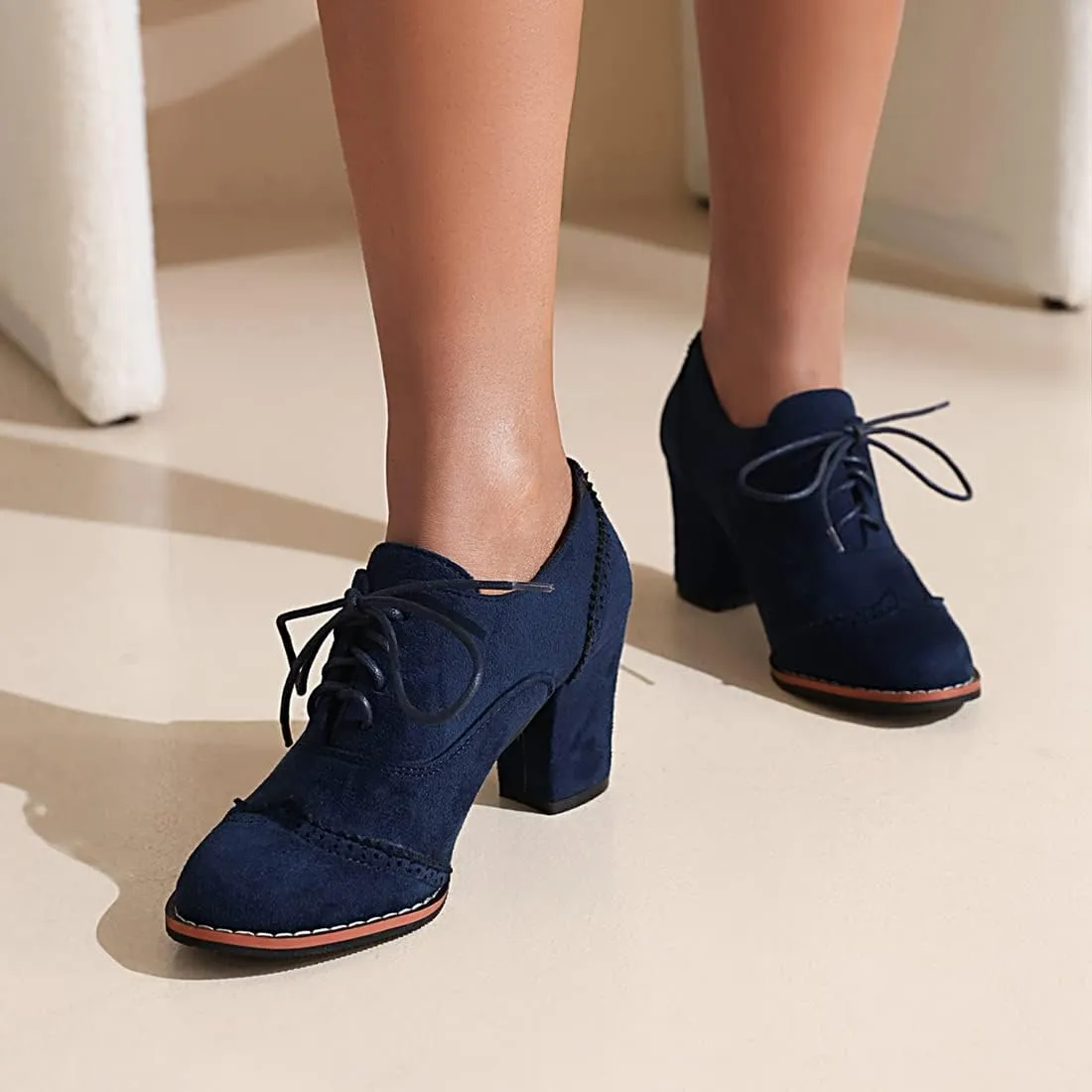 VOKLIN Women's Retro Round Toe Lace Up Dress Pumps Vegan Suede Chunky Block High Heel Work Office Pump Shoes
