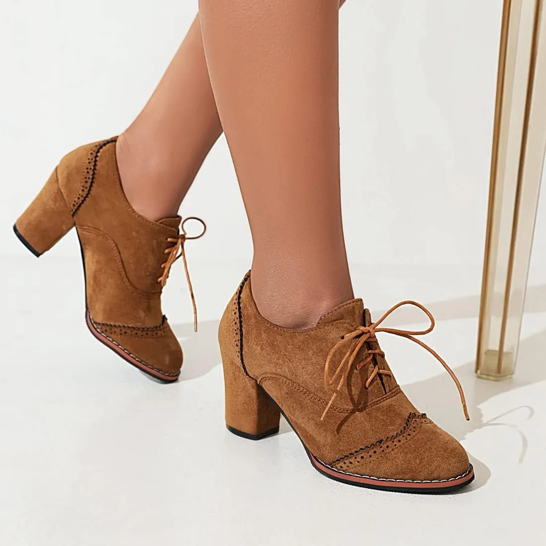 VOKLIN Women's Retro Round Toe Lace Up Dress Pumps Vegan Suede Chunky Block High Heel Work Office Pump Shoes
