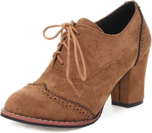 VOKLIN Women's Retro Round Toe Lace Up Dress Pumps Vegan Suede Chunky Block High Heel Work Office Pump Shoes
