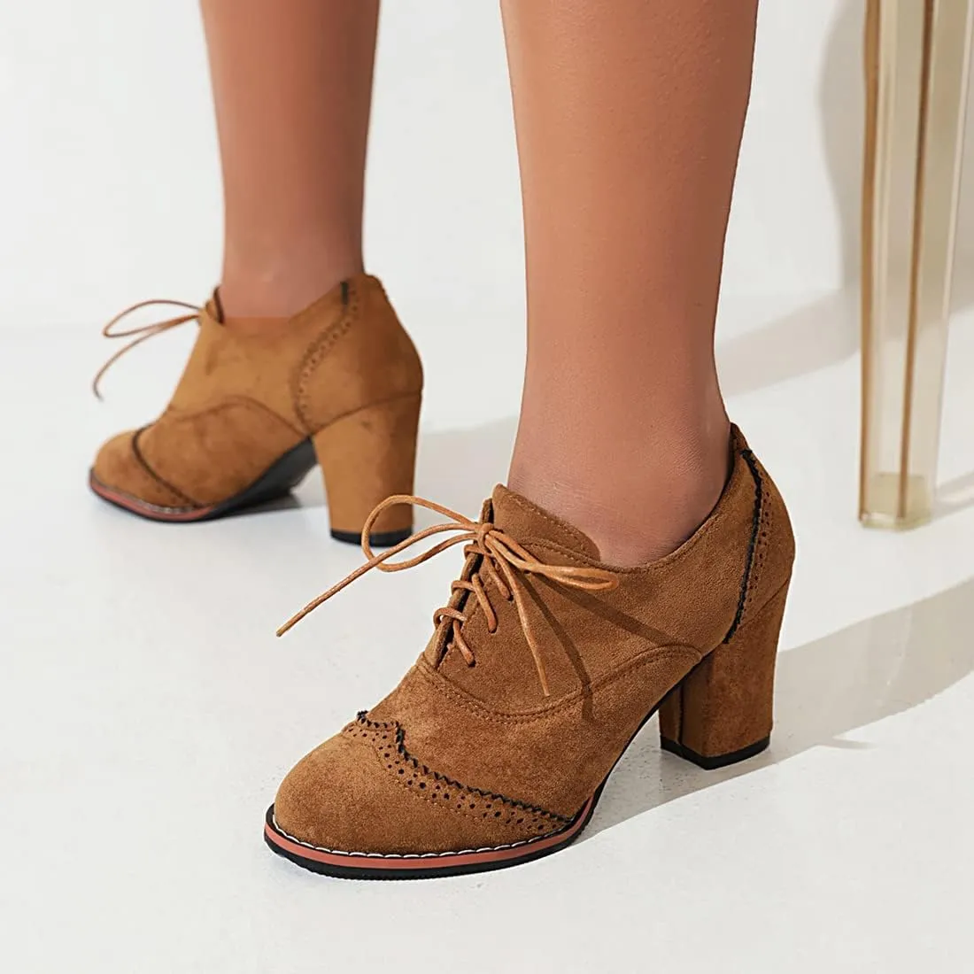 VOKLIN Women's Retro Round Toe Lace Up Dress Pumps Vegan Suede Chunky Block High Heel Work Office Pump Shoes