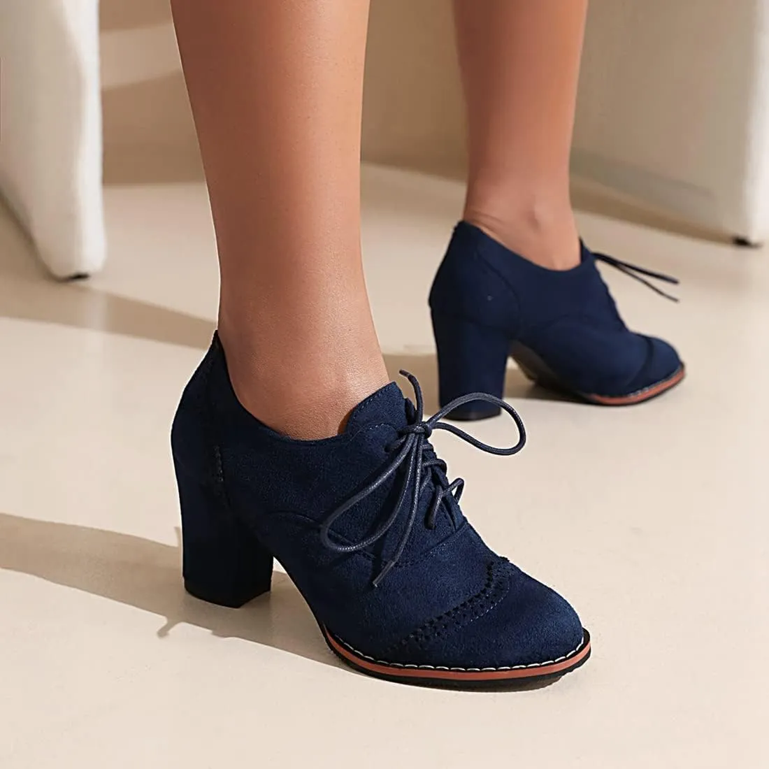 VOKLIN Women's Retro Round Toe Lace Up Dress Pumps Vegan Suede Chunky Block High Heel Work Office Pump Shoes