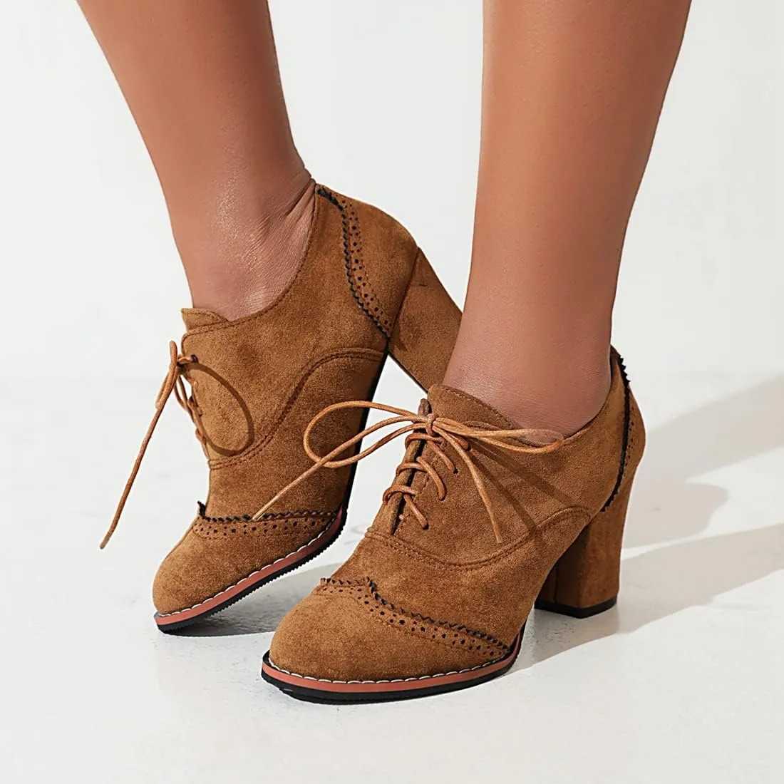VOKLIN Women's Retro Round Toe Lace Up Dress Pumps Vegan Suede Chunky Block High Heel Work Office Pump Shoes