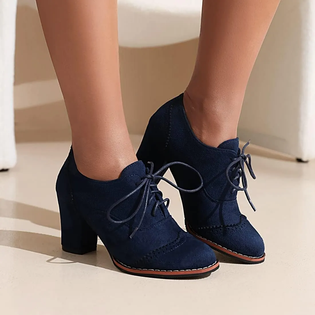 VOKLIN Women's Retro Round Toe Lace Up Dress Pumps Vegan Suede Chunky Block High Heel Work Office Pump Shoes