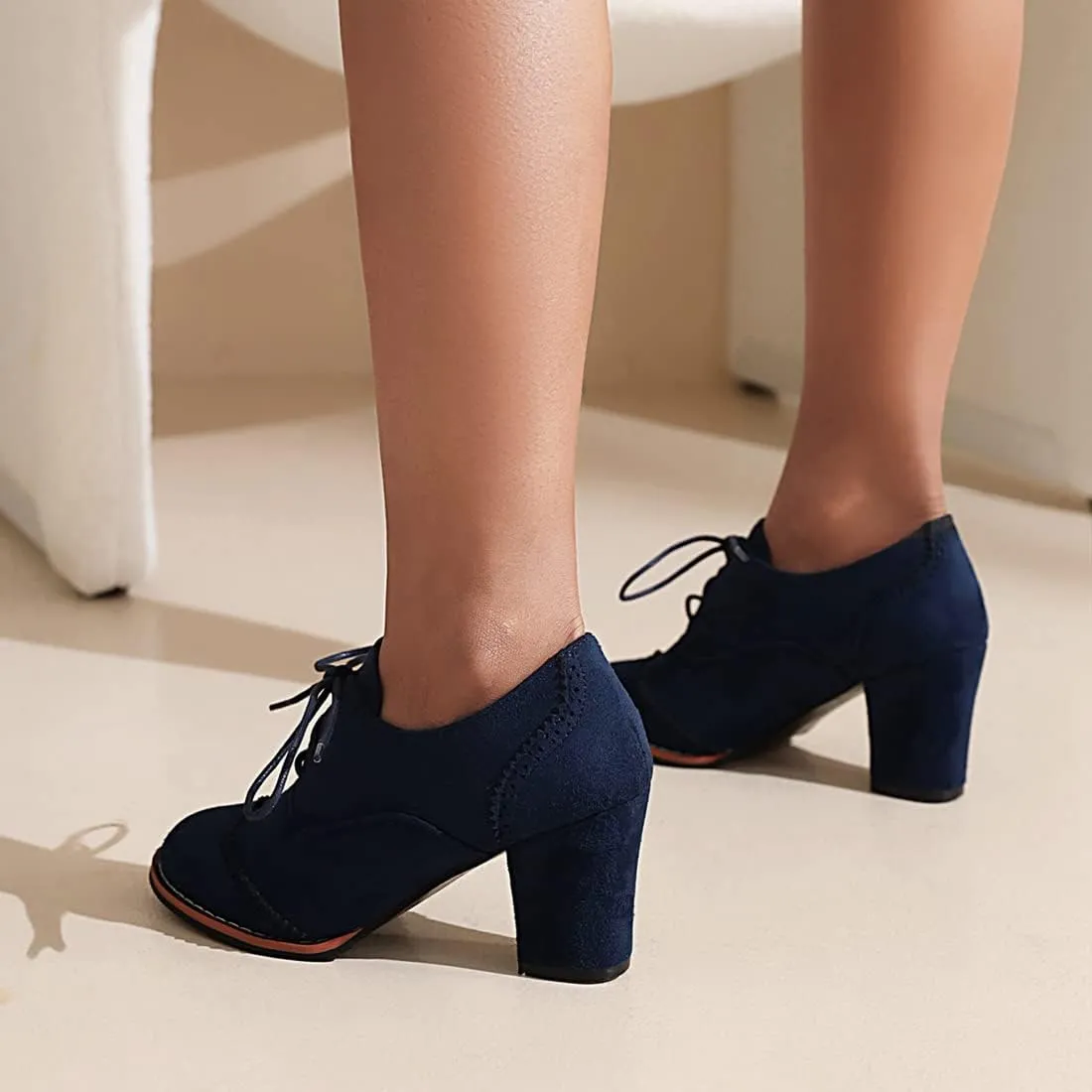 VOKLIN Women's Retro Round Toe Lace Up Dress Pumps Vegan Suede Chunky Block High Heel Work Office Pump Shoes