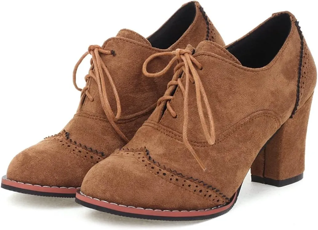 VOKLIN Women's Retro Round Toe Lace Up Dress Pumps Vegan Suede Chunky Block High Heel Work Office Pump Shoes