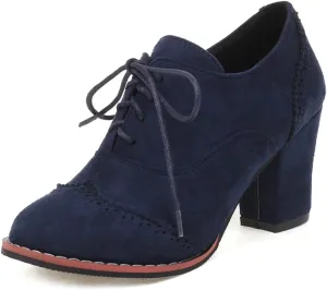 VOKLIN Women's Retro Round Toe Lace Up Dress Pumps Vegan Suede Chunky Block High Heel Work Office Pump Shoes