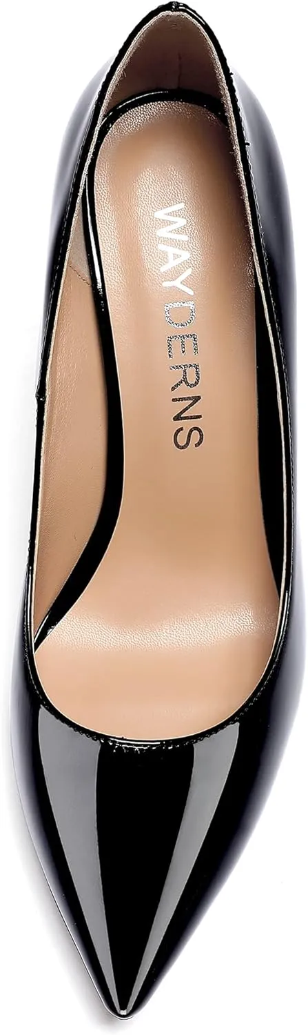 WAYDERNS Women's Pointed Toe Slip On Solid Patent Mid Heel Pumps Shoes 2.5 Inch
