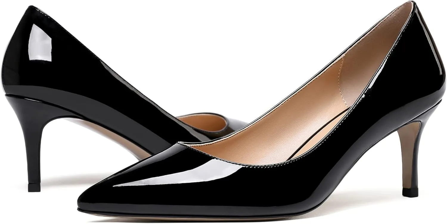 WAYDERNS Women's Pointed Toe Slip On Solid Patent Mid Heel Pumps Shoes 2.5 Inch