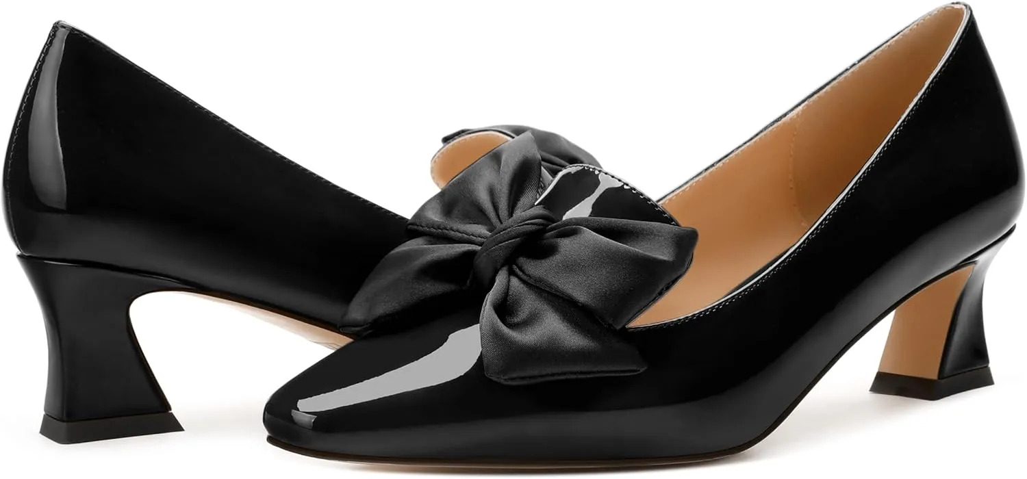 WAYDERNS Womens Slip On Solid Square Toe Bow Patent Casual Dating Kitten Low Heel Pumps Shoes 2 Inch