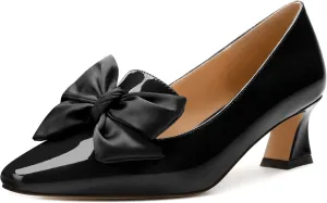WAYDERNS Womens Slip On Solid Square Toe Bow Patent Casual Dating Kitten Low Heel Pumps Shoes 2 Inch