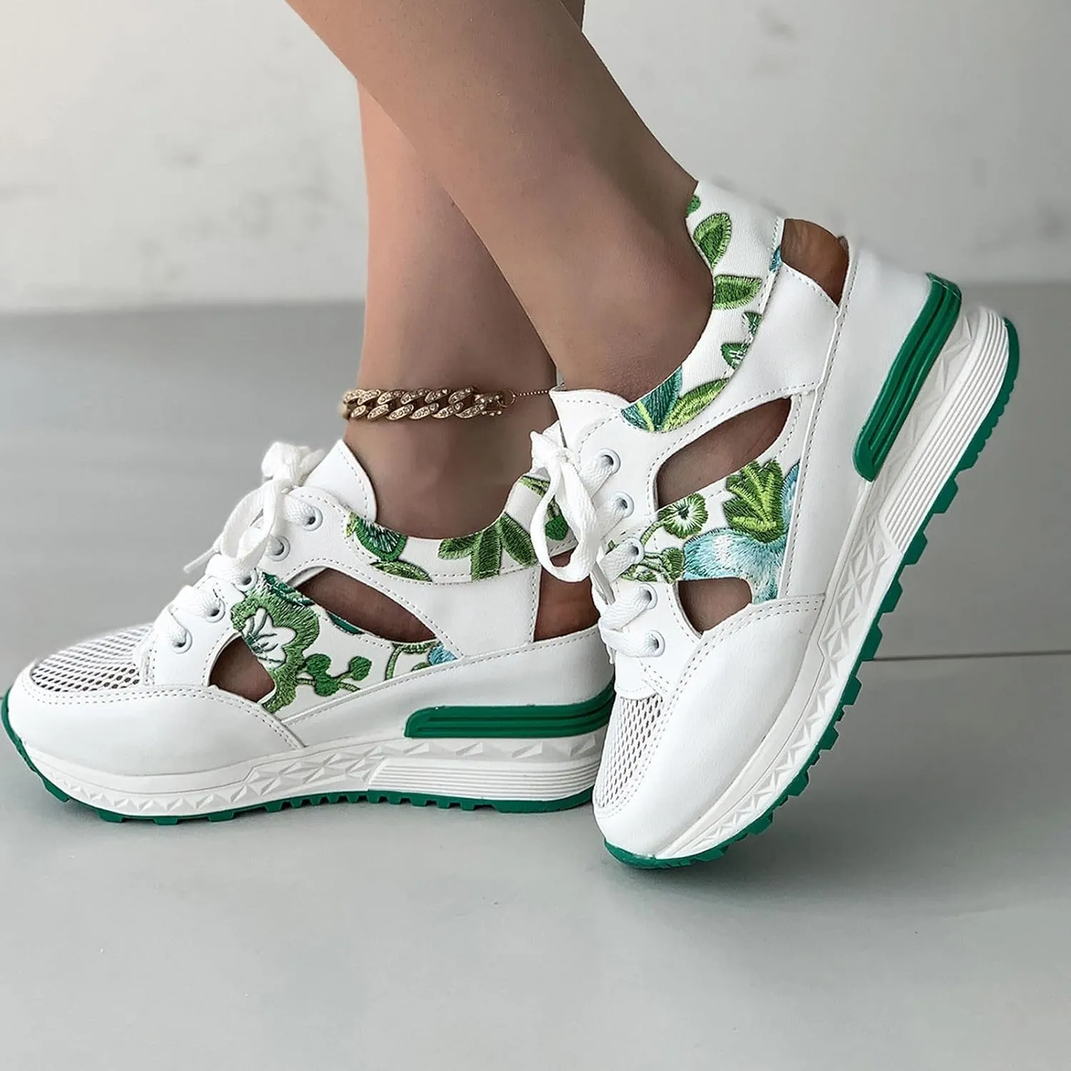 Wedge Sandals for Women Lace-Up Sneakers Hollow Out Breathable Mesh Non-Slip Summer Shoes Summer Sport Walking