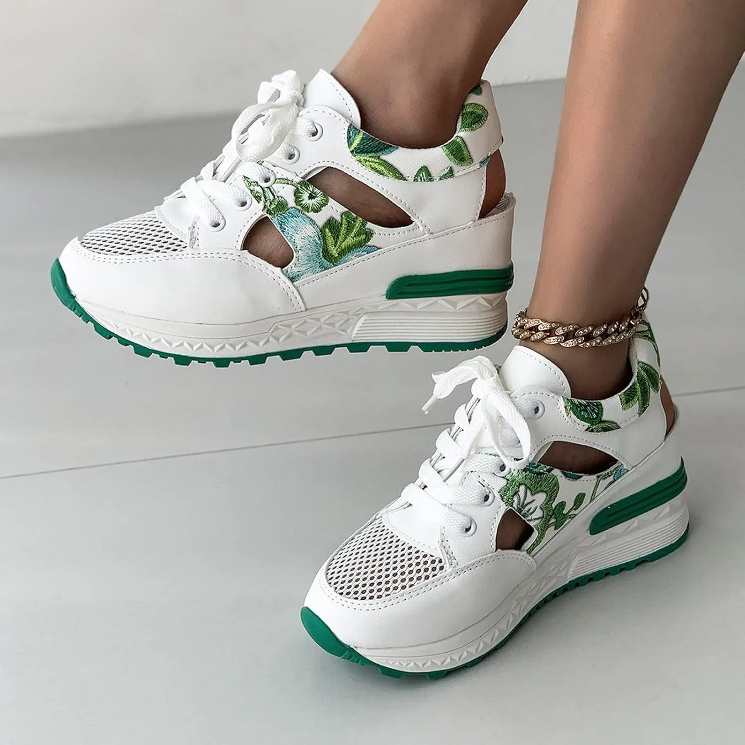 Wedge Sandals for Women Lace-Up Sneakers Hollow Out Breathable Mesh Non-Slip Summer Shoes Summer Sport Walking