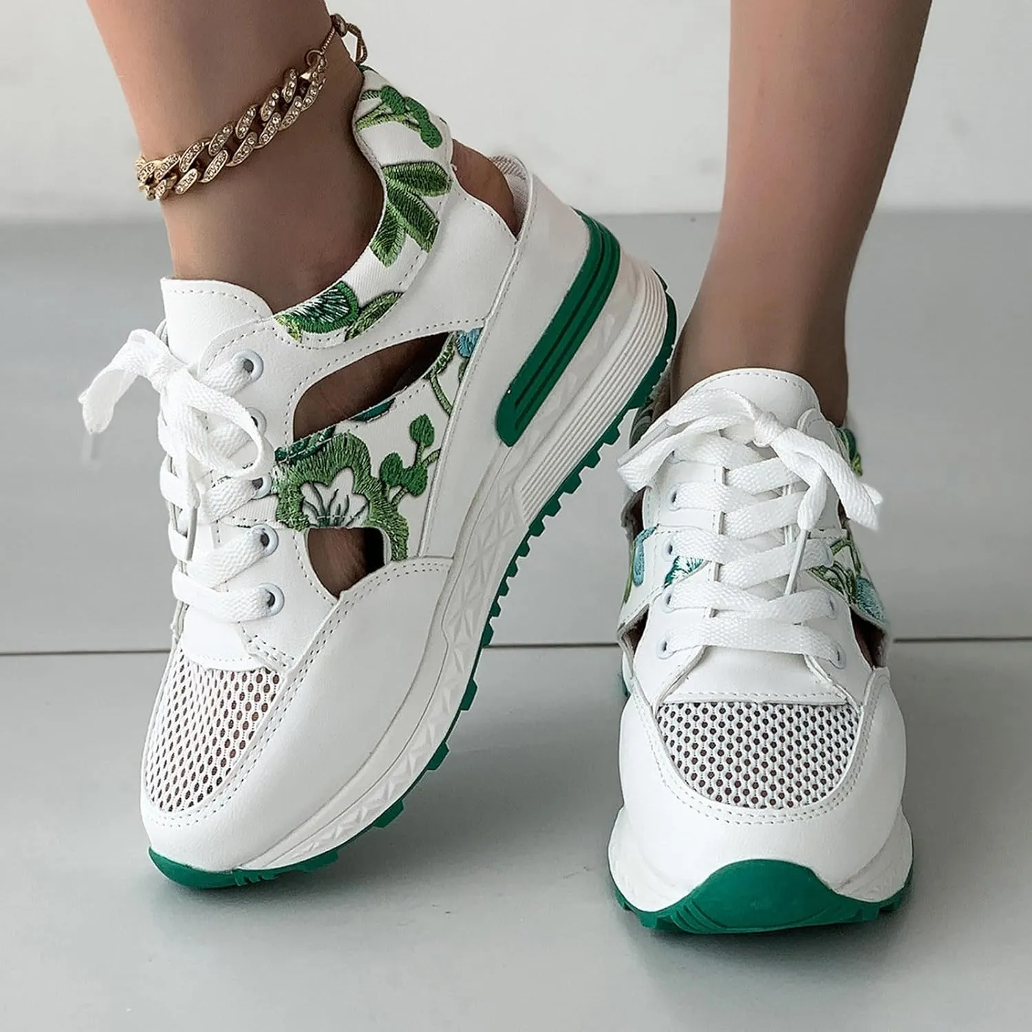 Wedge Sandals for Women Lace-Up Sneakers Hollow Out Breathable Mesh Non-Slip Summer Shoes Summer Sport Walking