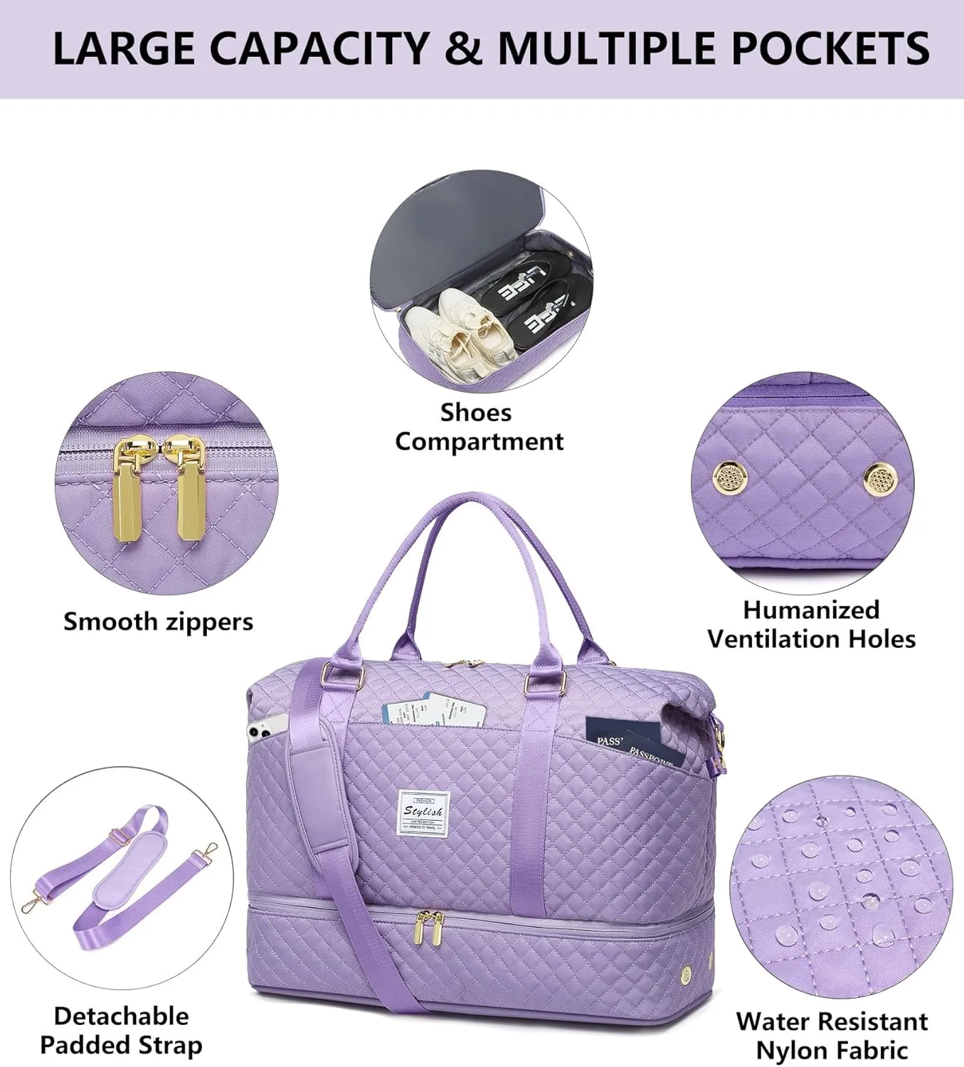 Weekender Bags for Women Duffle Bag - Travel Duffel Bag with Shoe Compartmen Carry on Overnight Bag Gym Duffel Bag with Wet Pocket Hospital Bags for Labor and Delivery Purple