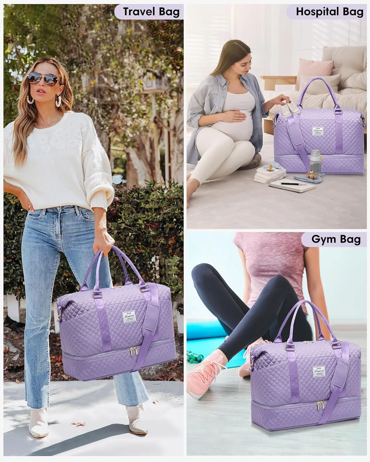 Weekender Bags for Women Duffle Bag - Travel Duffel Bag with Shoe Compartmen Carry on Overnight Bag Gym Duffel Bag with Wet Pocket Hospital Bags for Labor and Delivery Purple