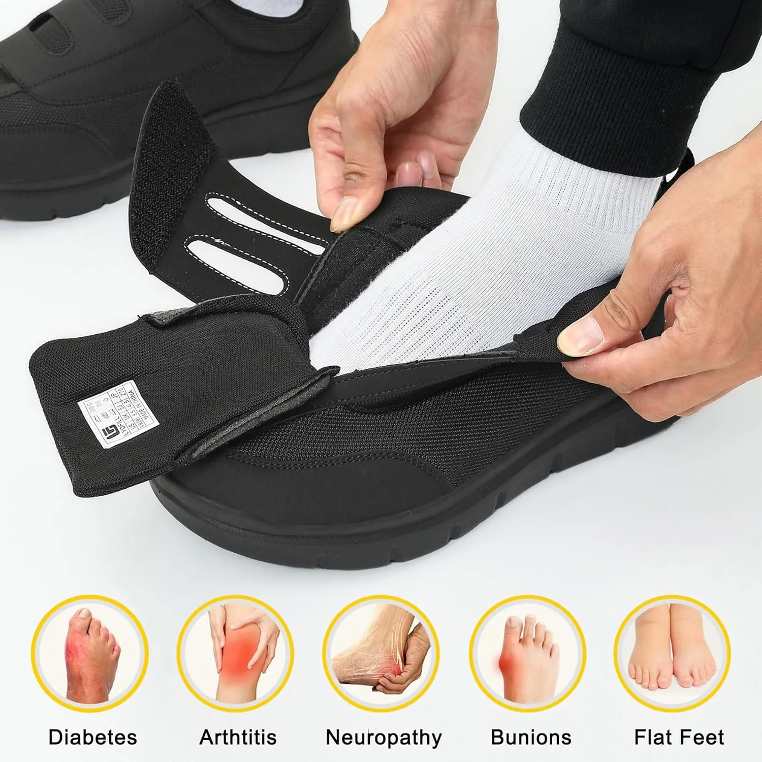 Wide Toe Box Walking Shoes Men Lace-Free Adjustable Extra Wide Width Sneaker Slip on Loafers Diabetic Shoes with Arch Support for Swollen Feet Pain Relief