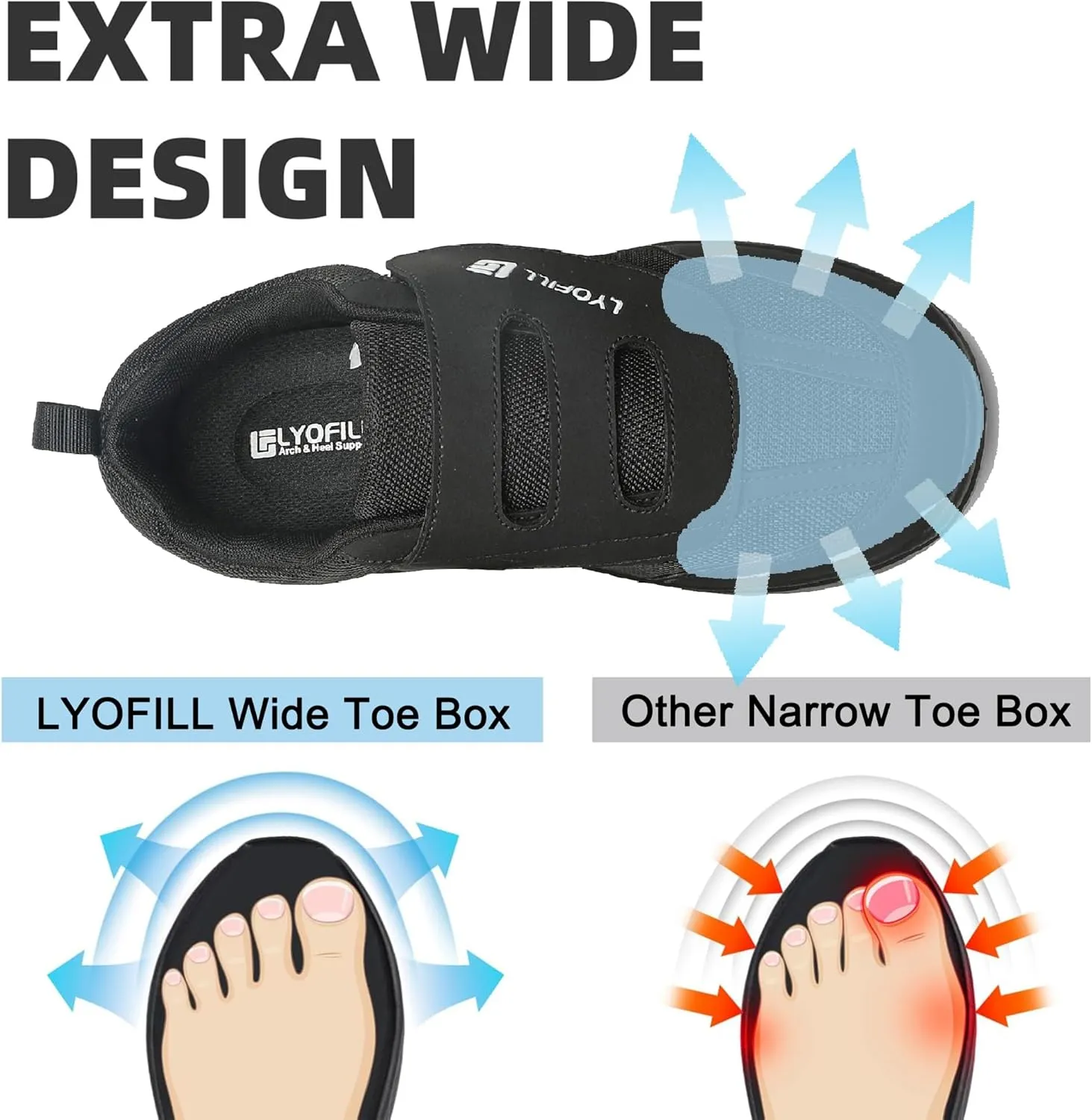 Wide Toe Box Walking Shoes Men Lace-Free Adjustable Extra Wide Width Sneaker Slip on Loafers Diabetic Shoes with Arch Support for Swollen Feet Pain Relief