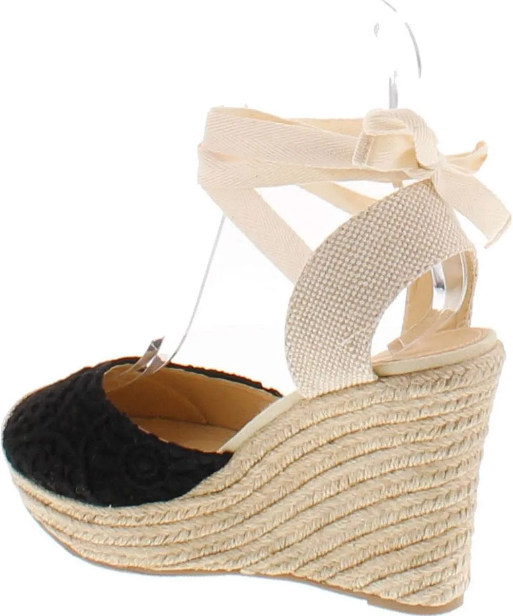 Wild Diva Maegan-32 Women Floral Crochet Ankle Wrap Slingback Espadrille Wedge - Black