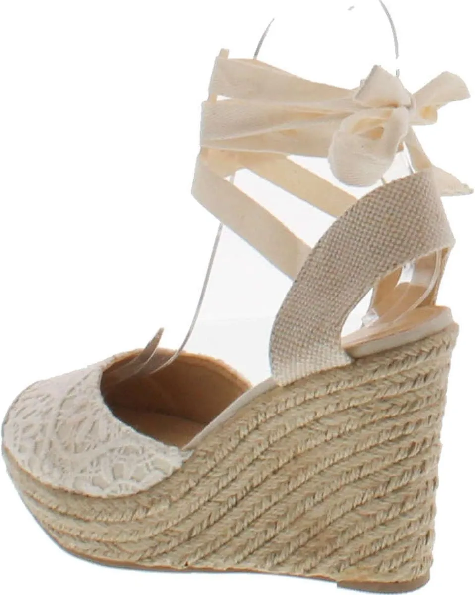 Wild Diva Maegan-32 Women Floral Crochet Ankle Wrap Slingback Espadrille Wedge - Black