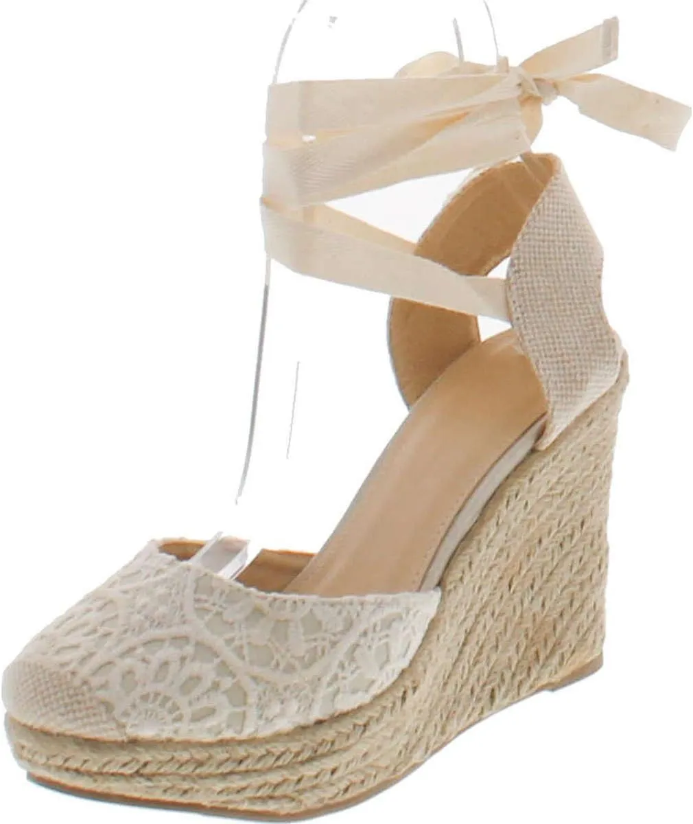 Wild Diva Maegan-32 Women Floral Crochet Ankle Wrap Slingback Espadrille Wedge - Black