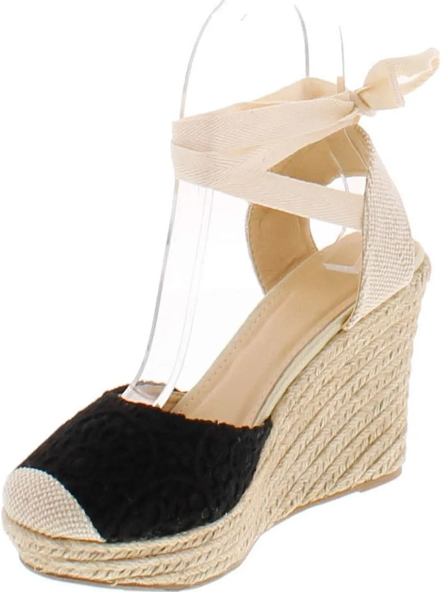 Wild Diva Maegan-32 Women Floral Crochet Ankle Wrap Slingback Espadrille Wedge - Black