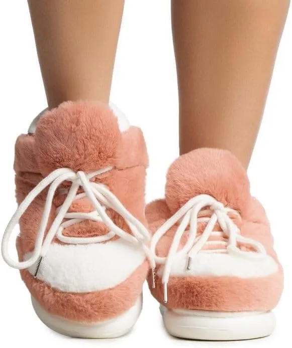 Wild Diva Slippy-01 Women's Lace Up Fur Detail Closed Toe Sneaker Slippers