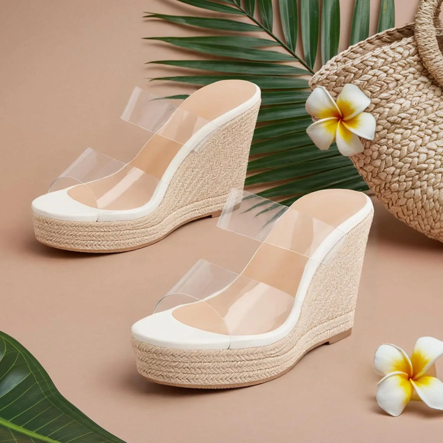 WIRALOMI Women Clear Wedge Heel Sandals Slip On Espadrilles Platform Sandals Slide Summer Beach Crystal Mules Sandals