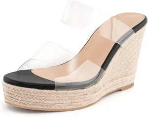 WIRALOMI Women Clear Wedge Heel Sandals Slip On Espadrilles Platform Sandals Slide Summer Beach Crystal Mules Sandals