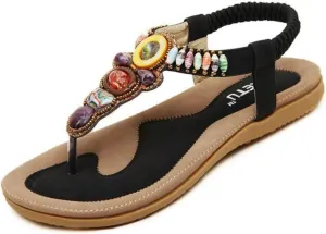 Women Bohemian Flat Bead Sandal Gladiator Shoes Rhinestone Thong Yoga Flip Flops