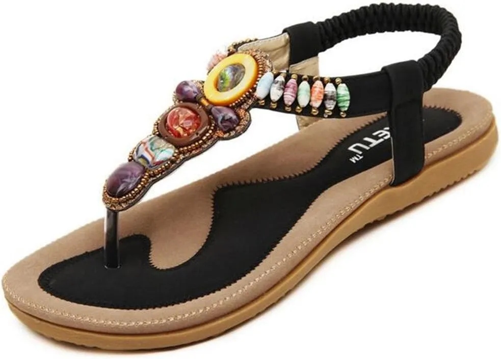 Women Bohemian Flat Bead Sandal Gladiator Shoes Rhinestone Thong Yoga Flip Flops