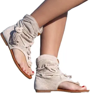 Women's Bohemian Tassel Sandals, Gladiator Fringe Flat Clip Toe Ankle Beach Sandals T-Strap Open-Toe Flip Flops Sandals