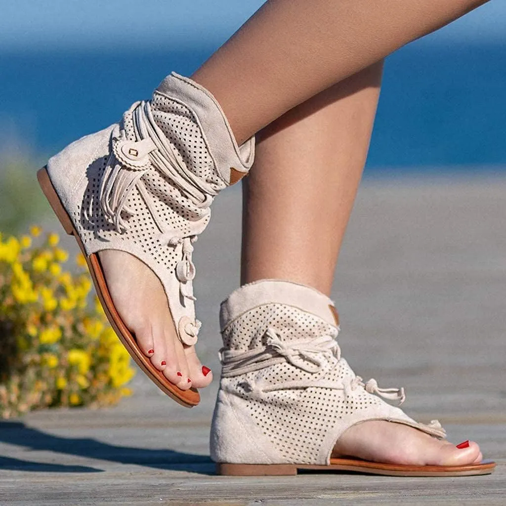 Women's Bohemian Tassel Sandals, Gladiator Fringe Flat Clip Toe Ankle Beach Sandals T-Strap Open-Toe Flip Flops Sandals