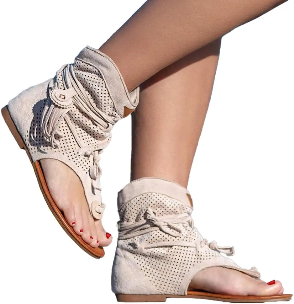 Women's Bohemian Tassel Sandals, Gladiator Fringe Flat Clip Toe Ankle Beach Sandals T-Strap Open-Toe Flip Flops Sandals