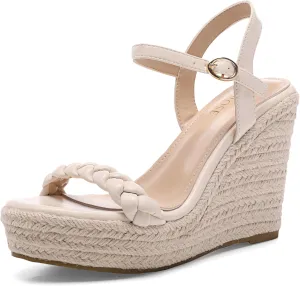 Women's Braided High Heels Wedge Sandals Open Toe Espadrille Summer Sandals with Buckled Ankle Strap Microfiber Leather Dressy Shoes