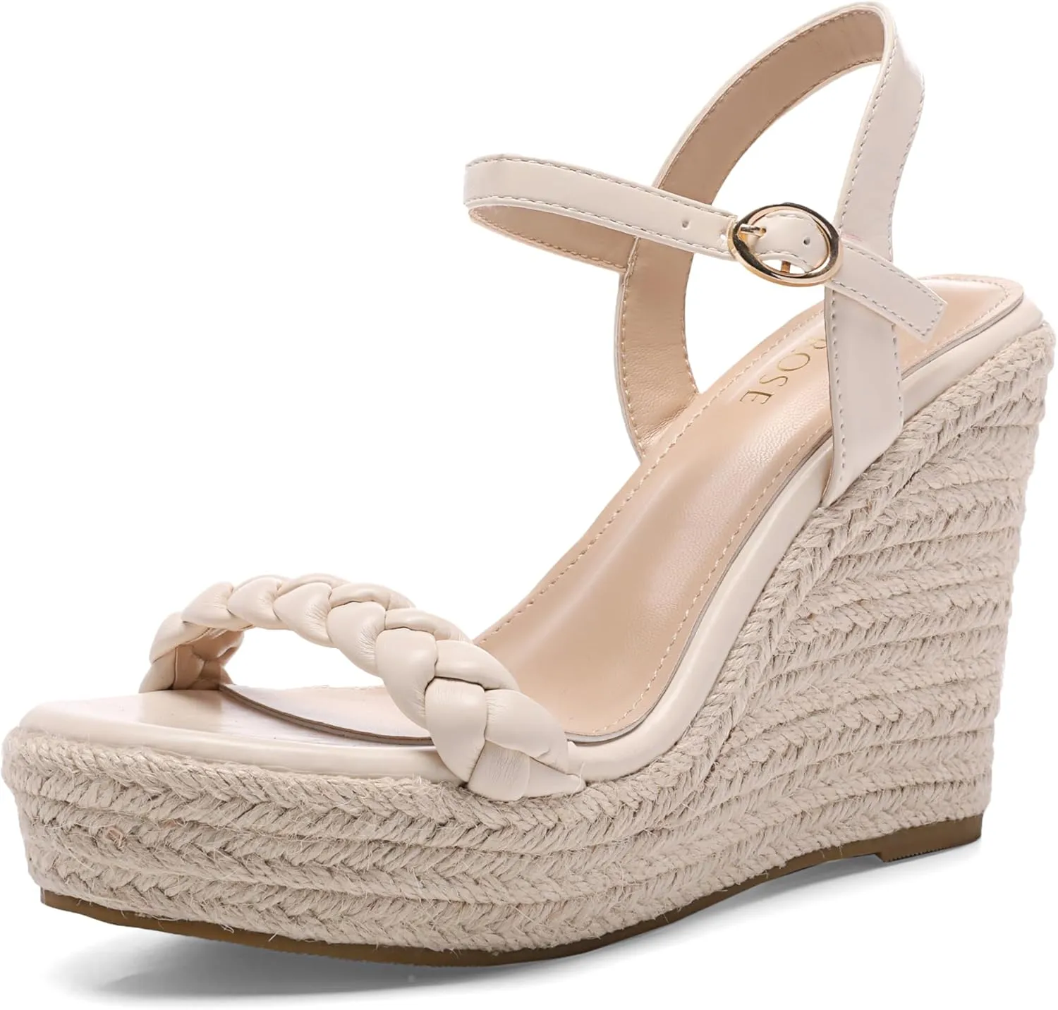 Women's Braided High Heels Wedge Sandals Open Toe Espadrille Summer Sandals with Buckled Ankle Strap Microfiber Leather Dressy Shoes