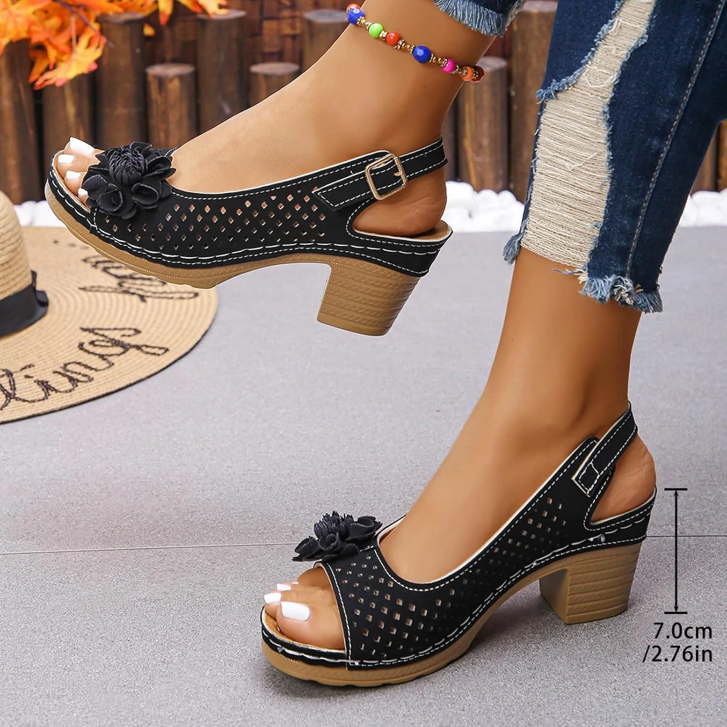 Womens Chunky Block Heels Fish Mouth Flowers Sandals for Women 2025 Summer Casual Ankle Strap Hollow Platform Wedge Sandals
