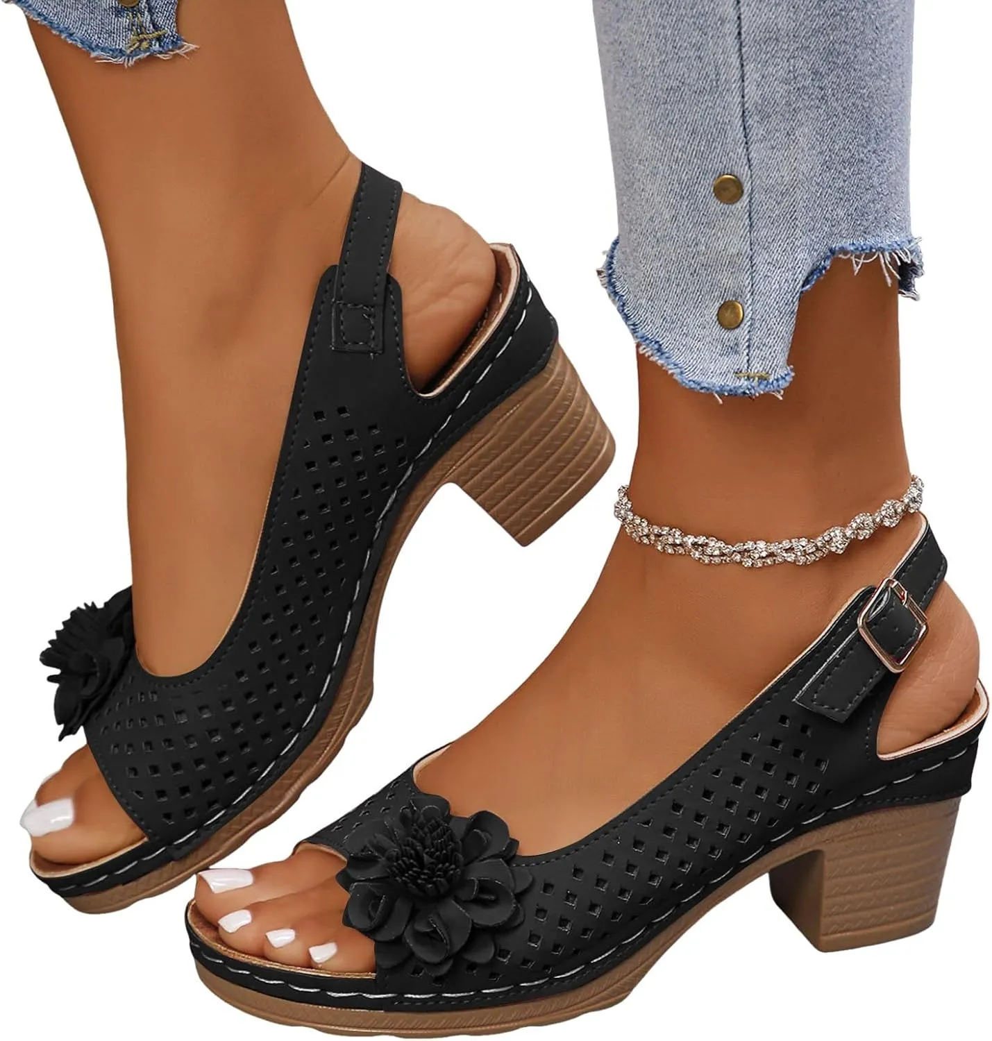 Womens Chunky Block Heels Fish Mouth Flowers Sandals for Women 2025 Summer Casual Ankle Strap Hollow Platform Wedge Sandals