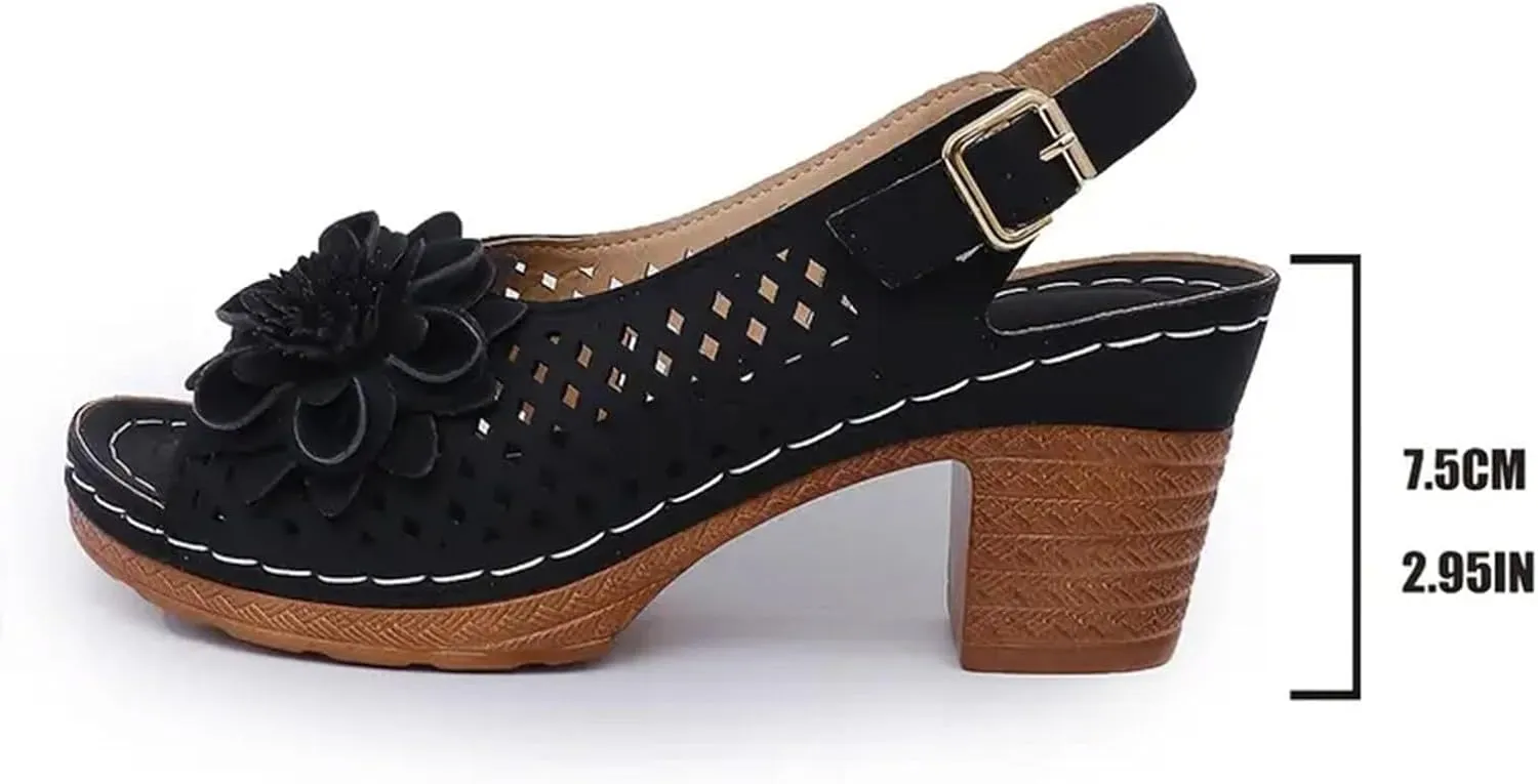 Womens Chunky Block Heels Fish Mouth Flowers Sandals for Women 2025 Summer Casual Ankle Strap Hollow Platform Wedge Sandals