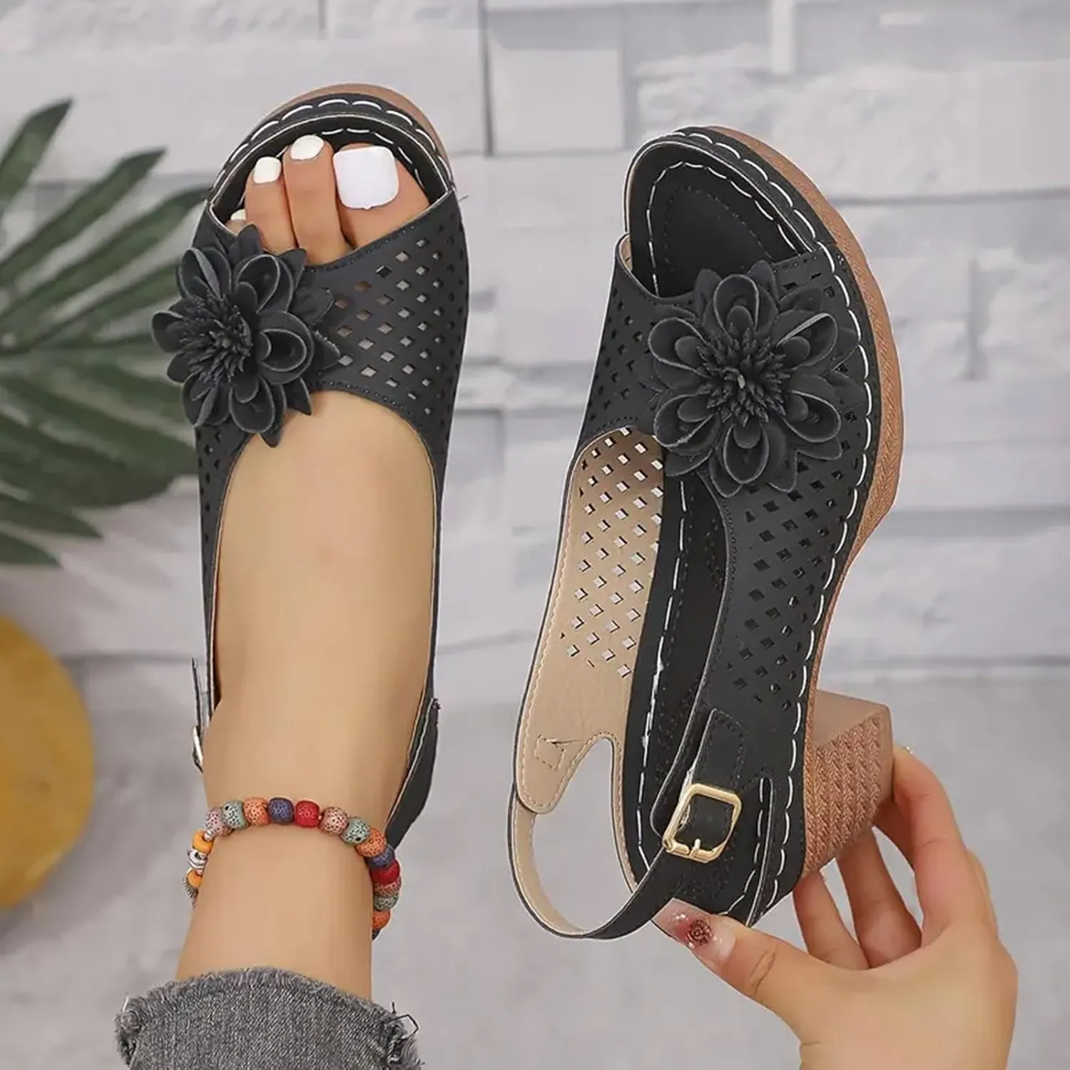 Womens Chunky Block Heels Fish Mouth Flowers Sandals for Women 2025 Summer Casual Ankle Strap Hollow Platform Wedge Sandals