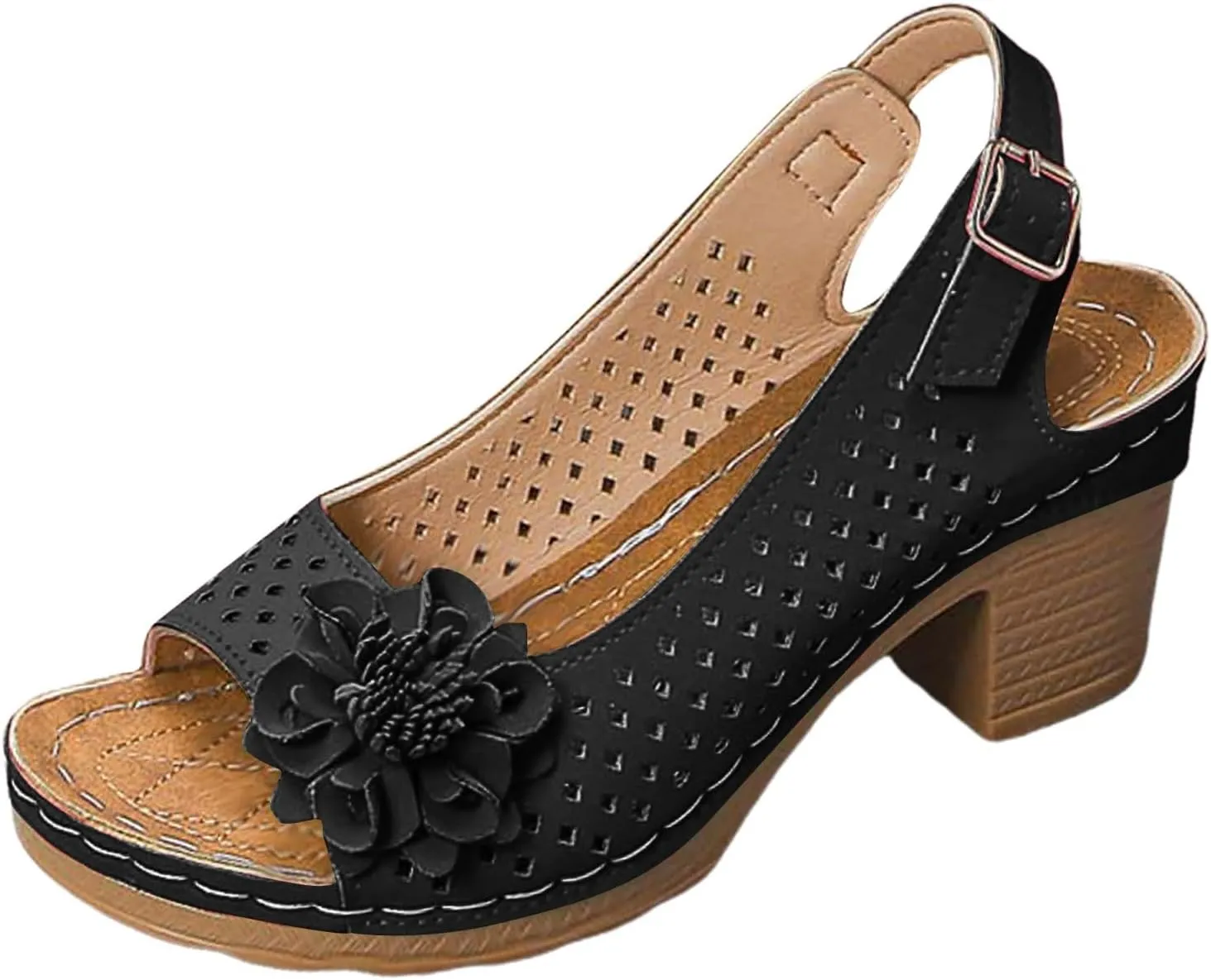 Womens Chunky Block Heels Fish Mouth Flowers Sandals for Women 2025 Summer Casual Ankle Strap Hollow Platform Wedge Sandals