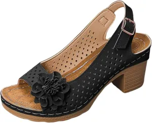 Womens Chunky Block Heels Fish Mouth Flowers Sandals for Women 2025 Summer Casual Ankle Strap Hollow Platform Wedge Sandals
