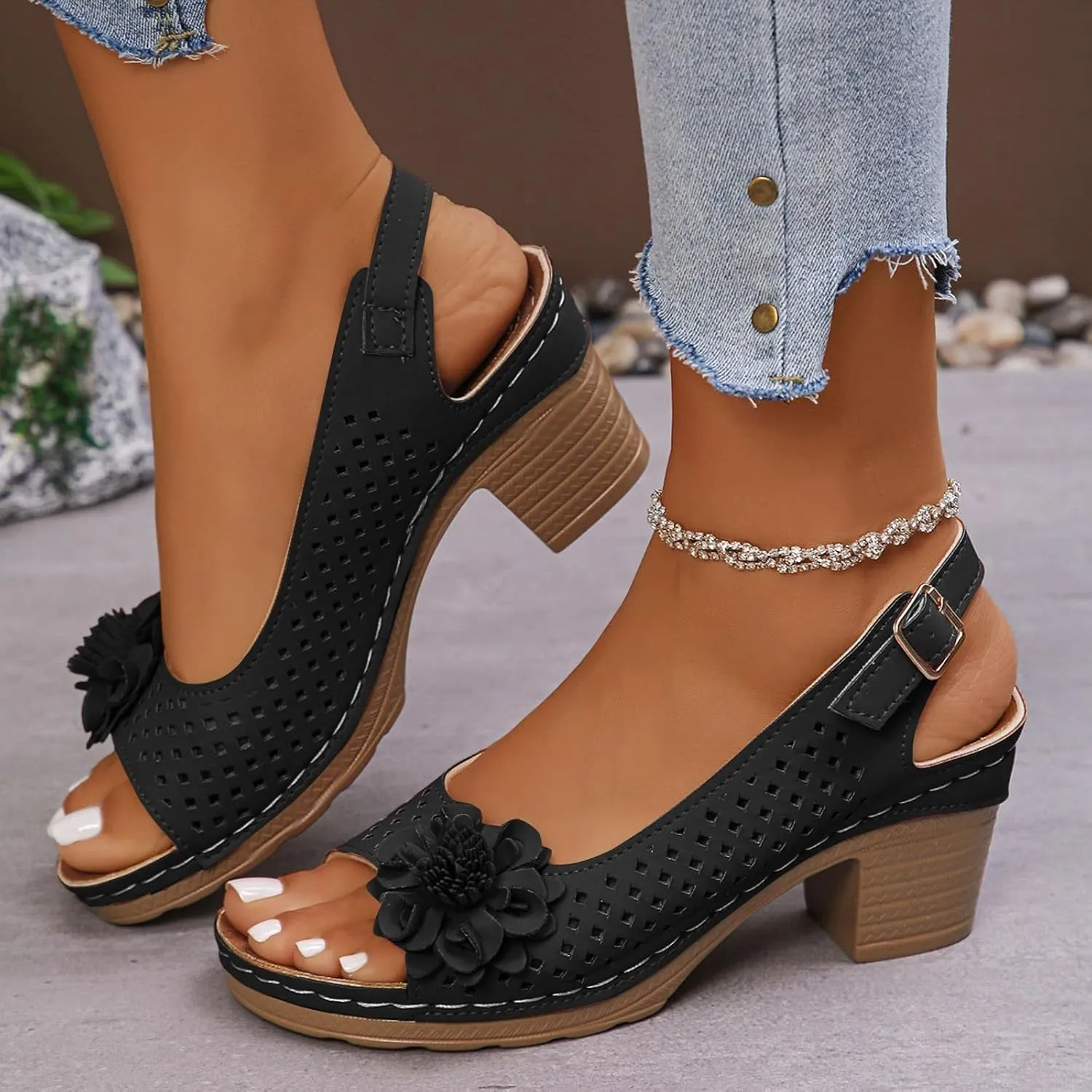 Womens Chunky Block Heels Fish Mouth Flowers Sandals for Women 2025 Summer Casual Ankle Strap Hollow Platform Wedge Sandals