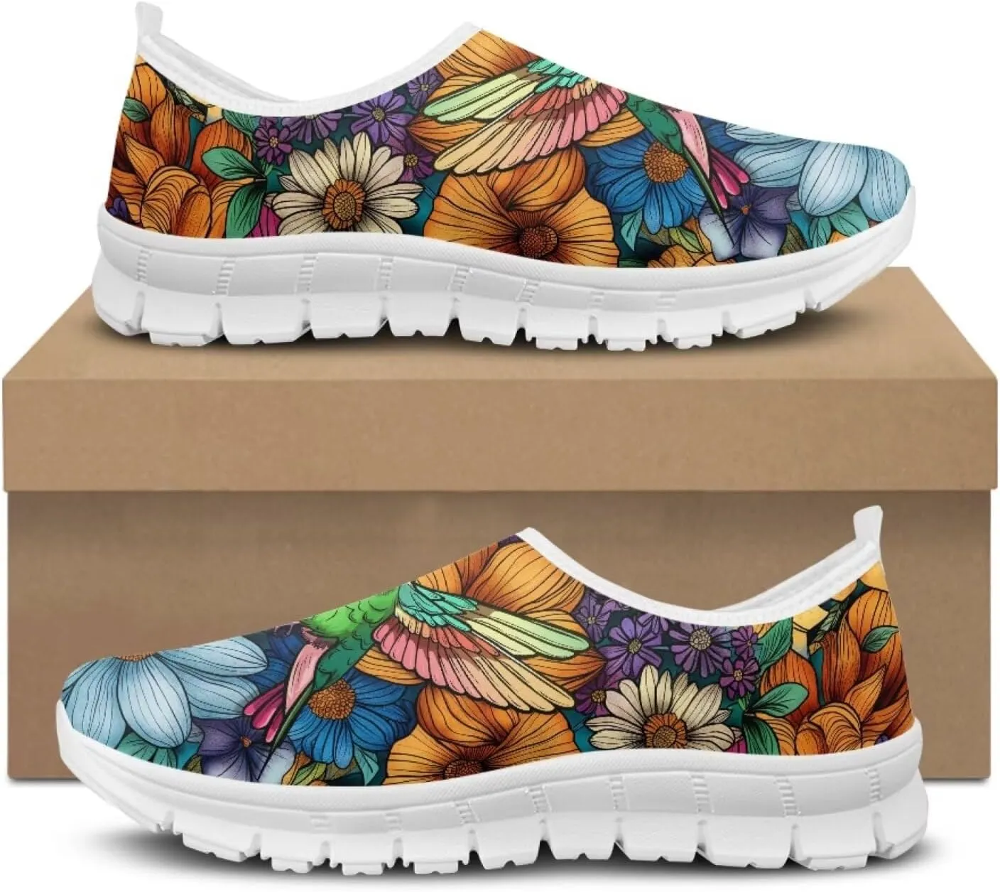 Women's Fashion Sneakers Lightweight Walking Casual Slip Ons Comfortable Flower Print Athletic Travel Shoes