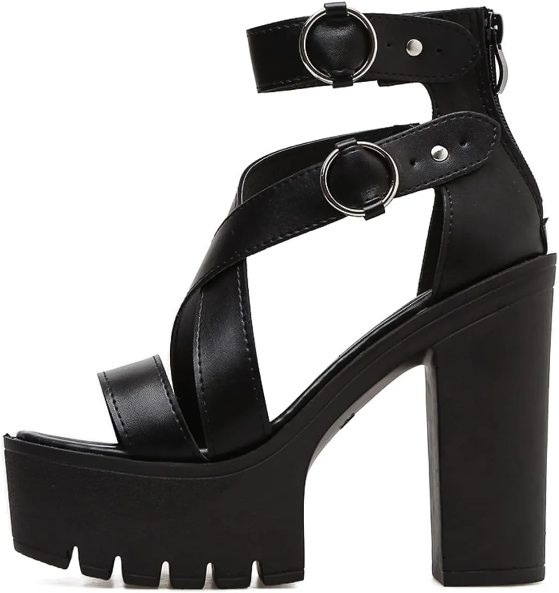 Womens High Chunky Heel Ankle Strap Goth Sandals,Comfort Cutout Open Toe Block Heel Multi Buckle Roman Gladiator Sandals Fashion Party Dress Platform Studded Punk Sandals Back Zipper