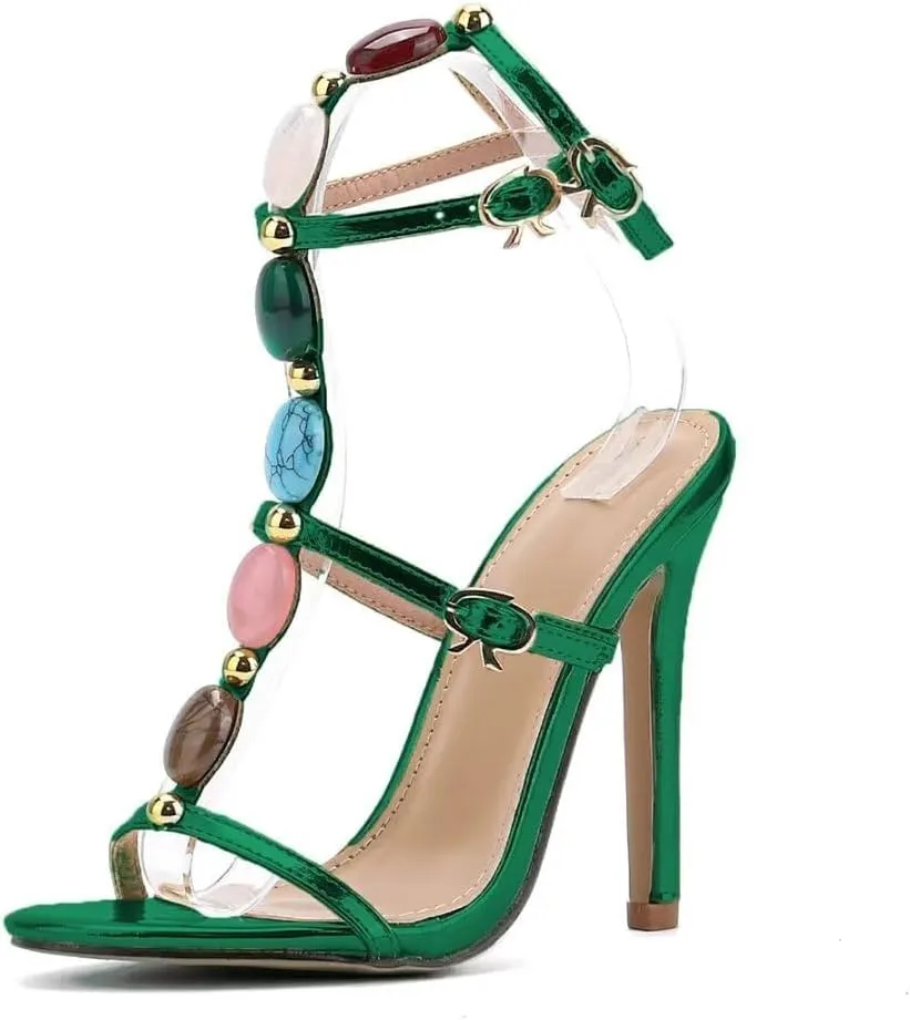 Women's Jeweled Ankle Strap Stiletto Heels Sandals Summer Open Toe Strappy Gladiator Heeled Sandals for Women