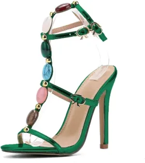Women's Jeweled Ankle Strap Stiletto Heels Sandals Summer Open Toe Strappy Gladiator Heeled Sandals for Women