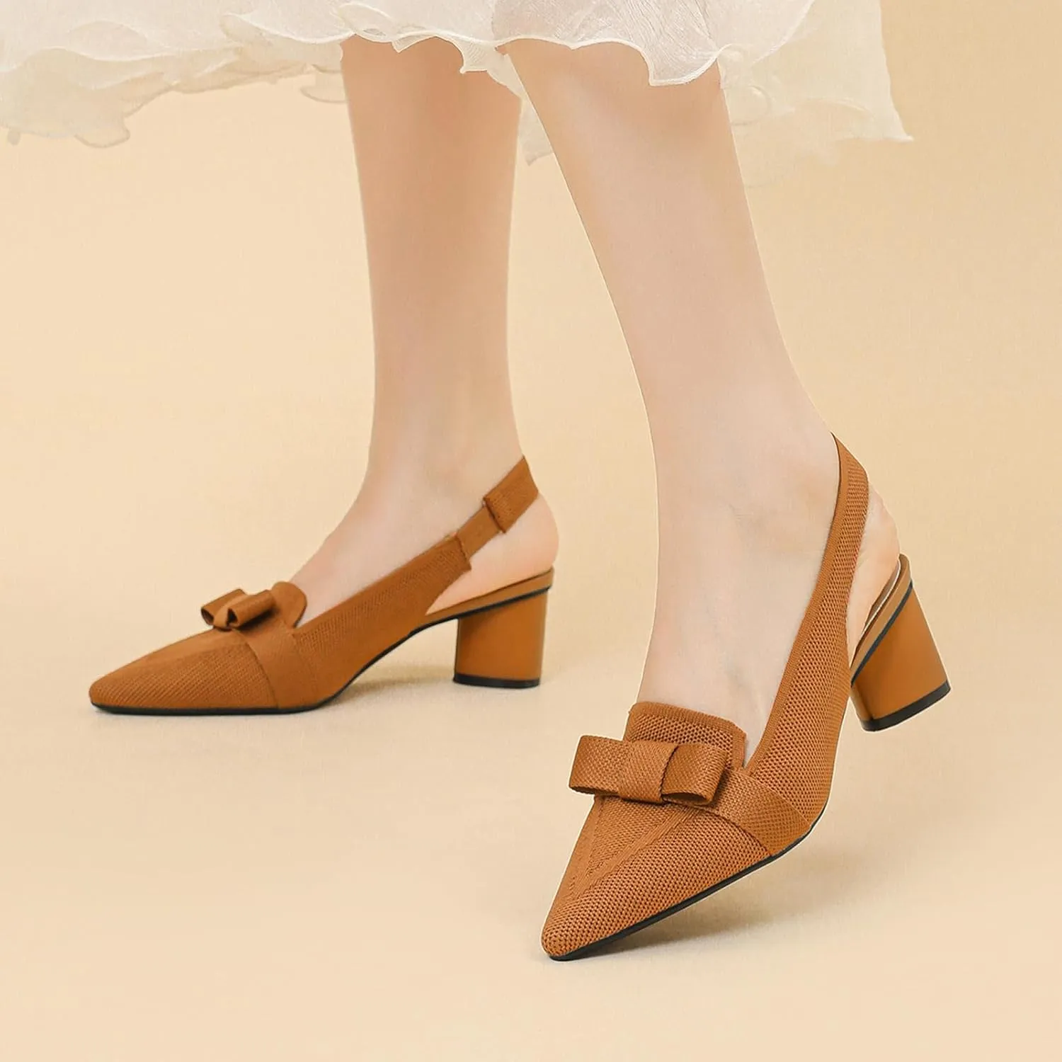 Women's Knitted Bow Slingback Chunky Heel Pumps Closed Pointed Toe Slip On Low Block Heels Daily Work Office Dress Shoes