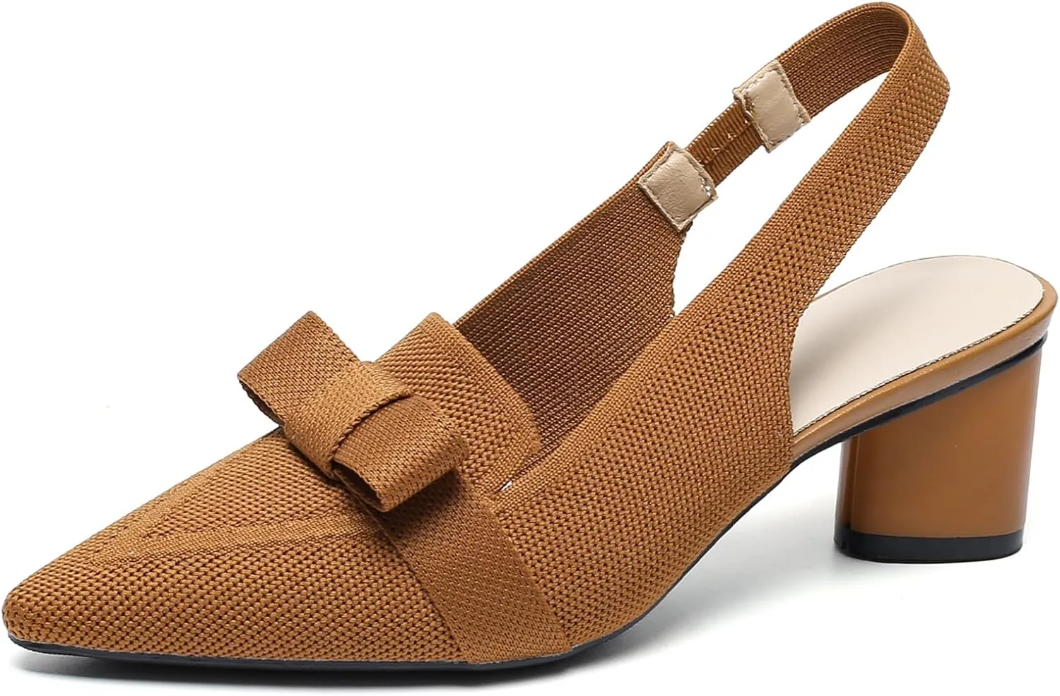 Women's Knitted Bow Slingback Chunky Heel Pumps Closed Pointed Toe Slip On Low Block Heels Daily Work Office Dress Shoes