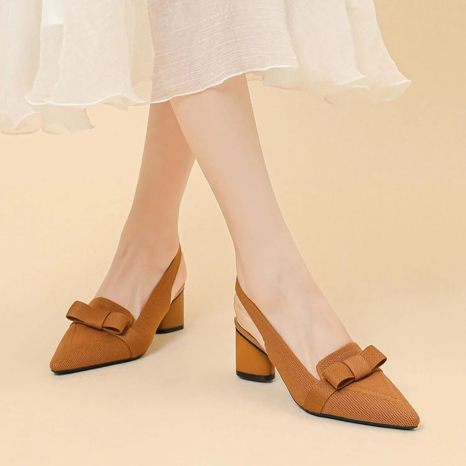 Women's Knitted Bow Slingback Chunky Heel Pumps Closed Pointed Toe Slip On Low Block Heels Daily Work Office Dress Shoes