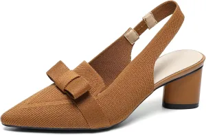 Women's Knitted Bow Slingback Chunky Heel Pumps Closed Pointed Toe Slip On Low Block Heels Daily Work Office Dress Shoes